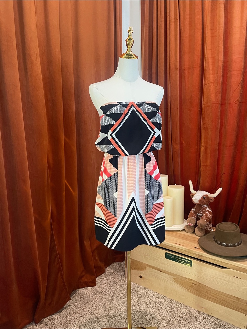 Express Strapless Geometric Print Dress in Black and Coral